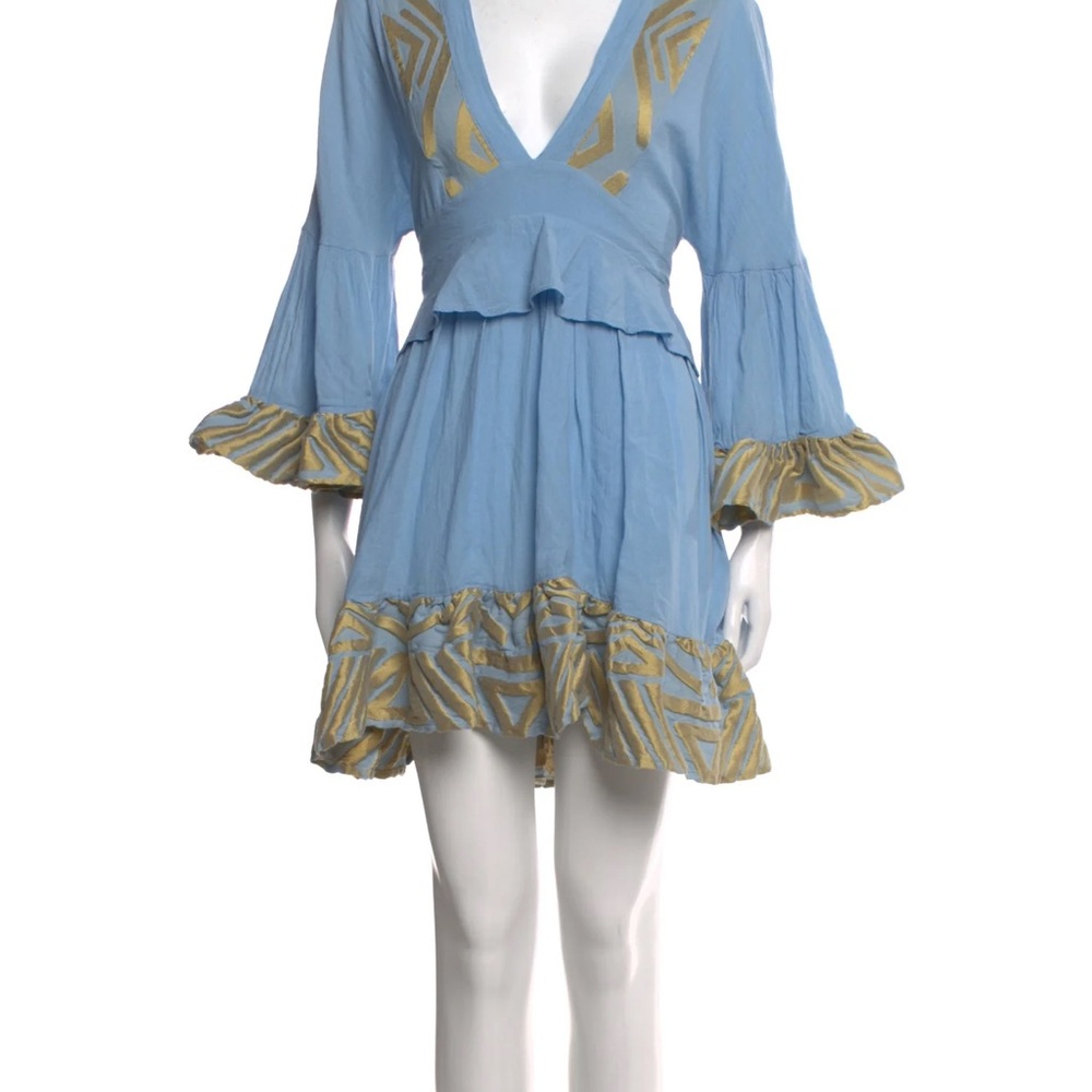 V-Neck Blue Mini Dress with Gold Trim